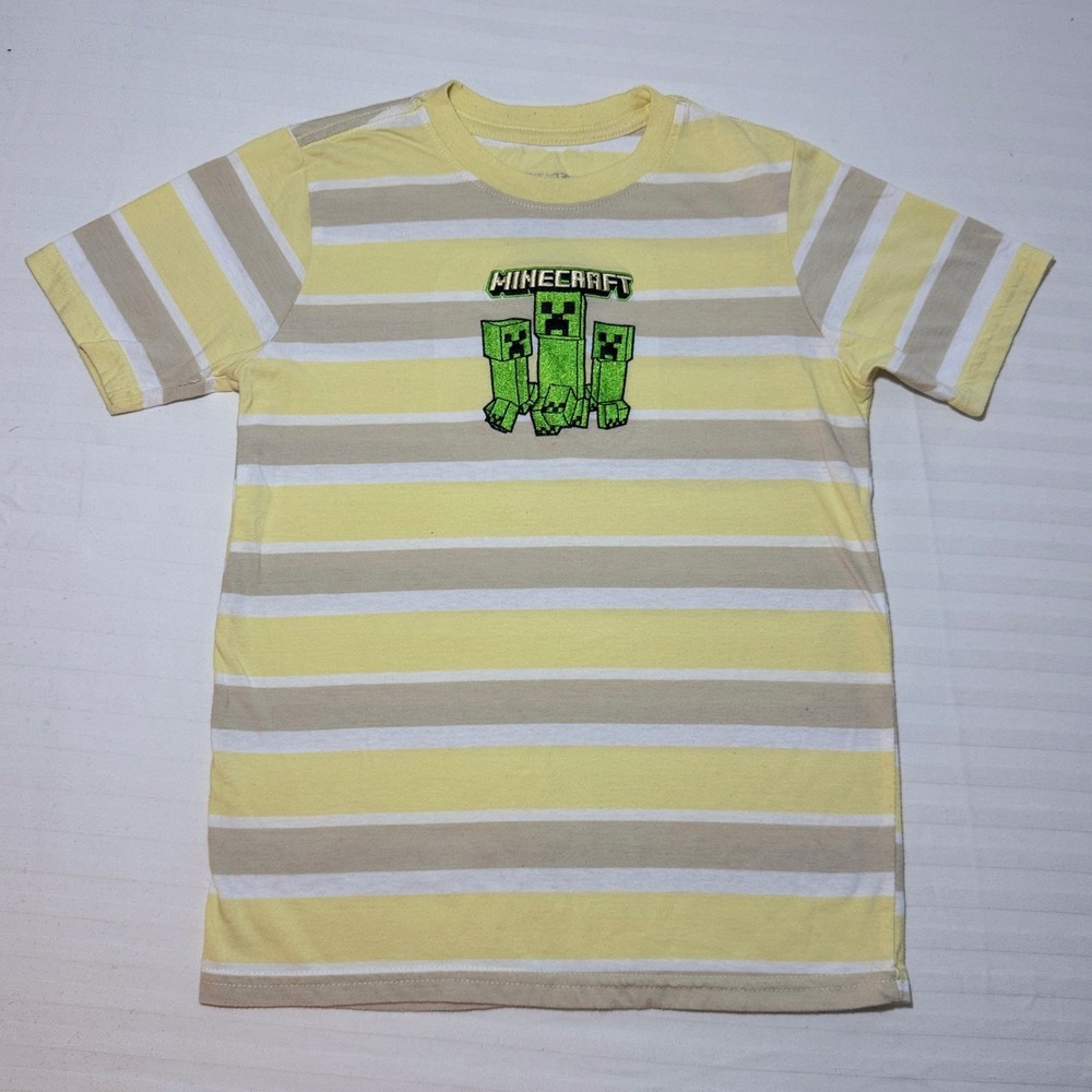 Minecraft Creeper Graphic Striped T-Shirt Kids Size Medium 8 Yellow Green Mob